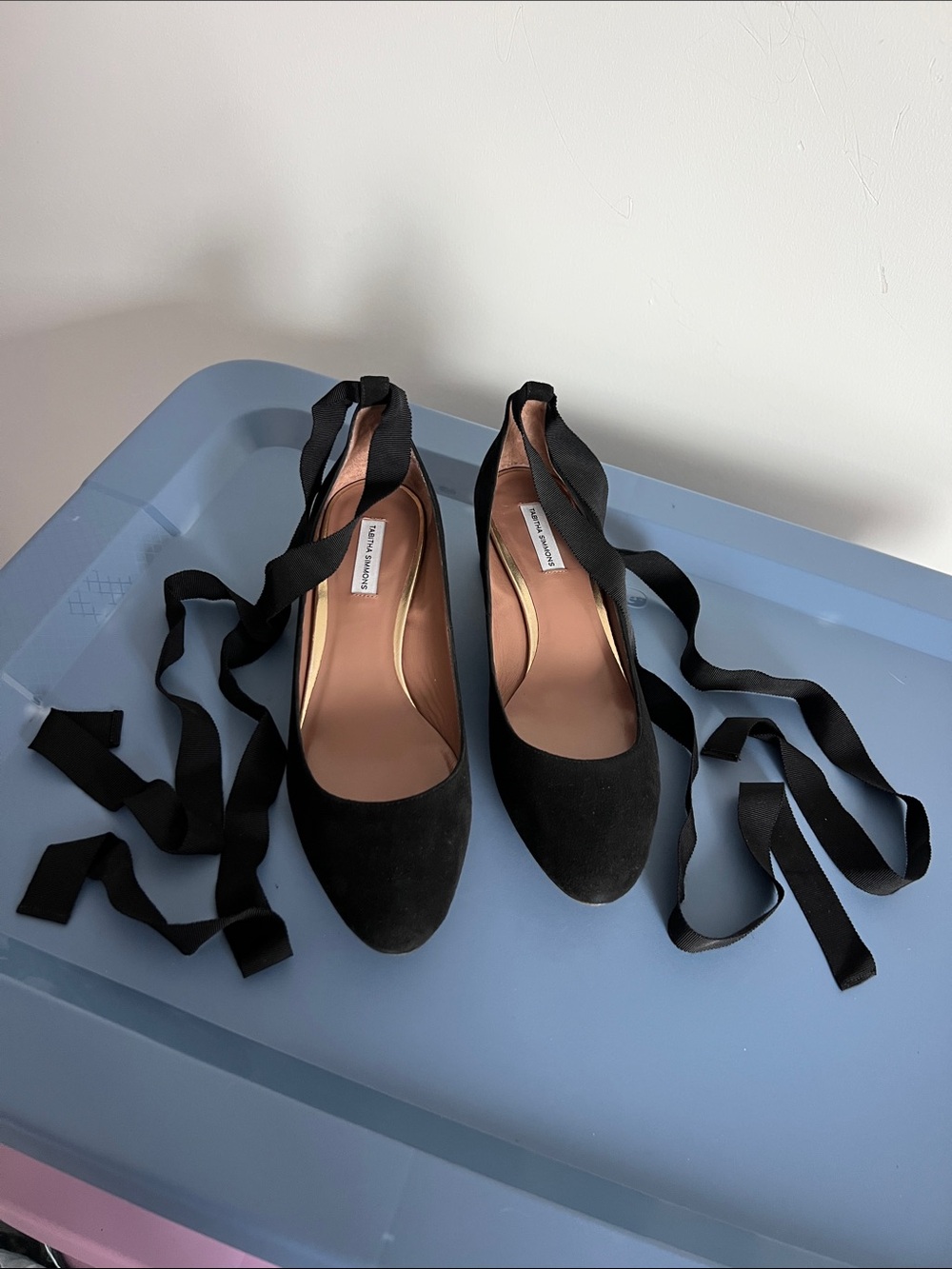 Tabitha Simmons black suede block low heels with ribbon wrap around ankle bows